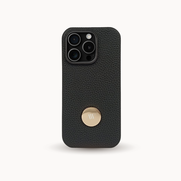 Black phone case with a gold accent on a white background